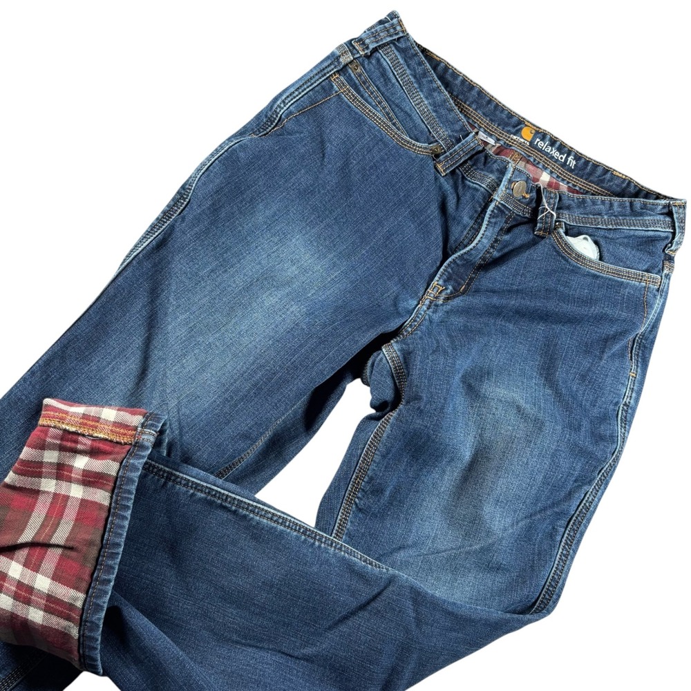 Carhartt Women's Boot Cut Jeans in Blue with Red Plaid Cuff